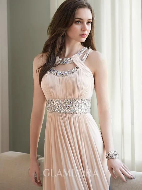 A-line Bateau Timeless Sleeveless Floor-Length Chiffon Prom Dress With Beading