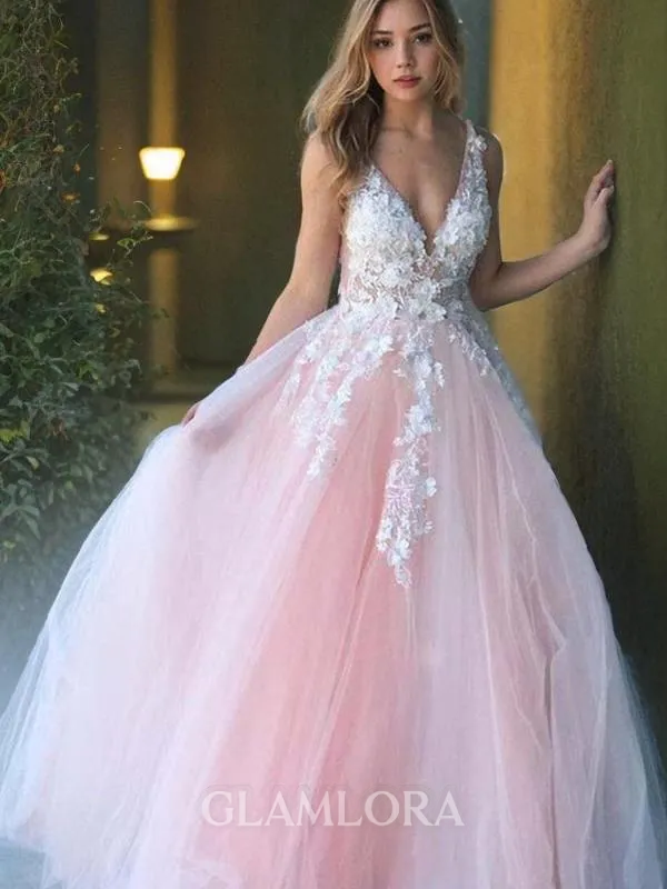 A-line Princess V-Neck Sleeveless Floor-Length Tulle Flowing Prom Dress With Applique