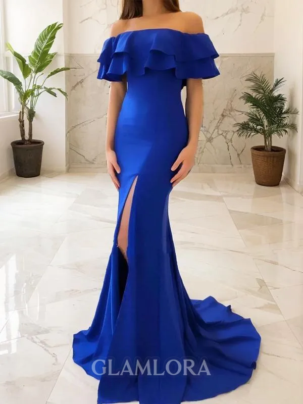 Attention-grabbing Sheath/Column Off-the-Shoulder Sleeveless Sweep Train Stretch Crepe Prom Dress
