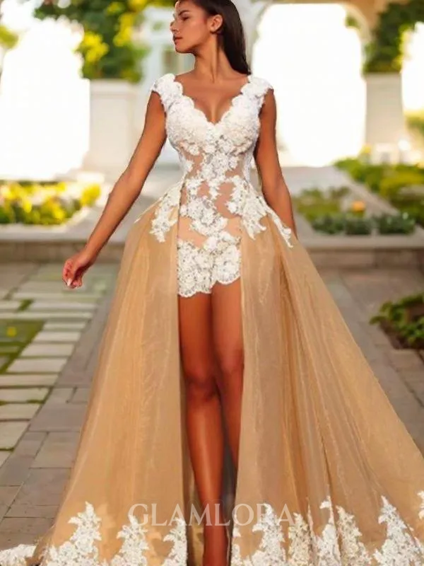 A-line V-Neck Sleeveless Subtle Sweep Train Organza Prom Dress With Lace