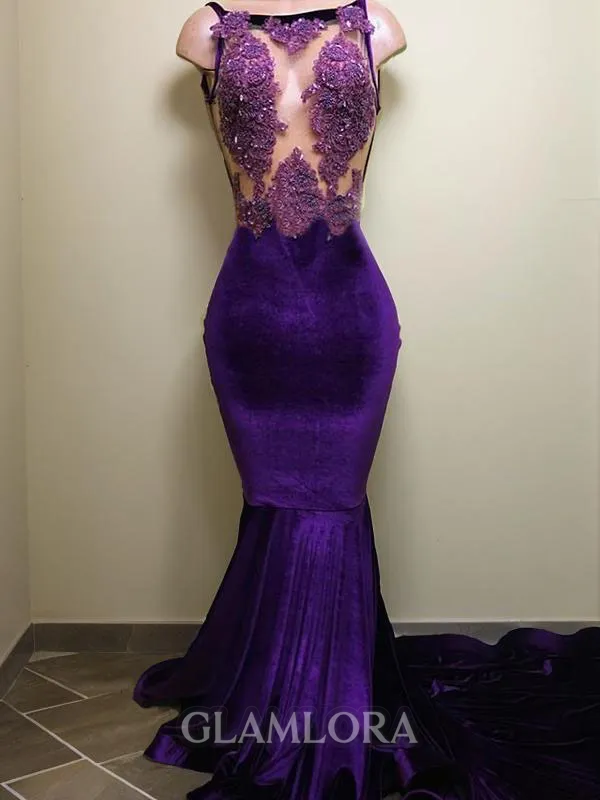 Trumpet/Mermaid Bateau Sleeveless Sweep Train Exquisite Velvet Prom Dress With Applique