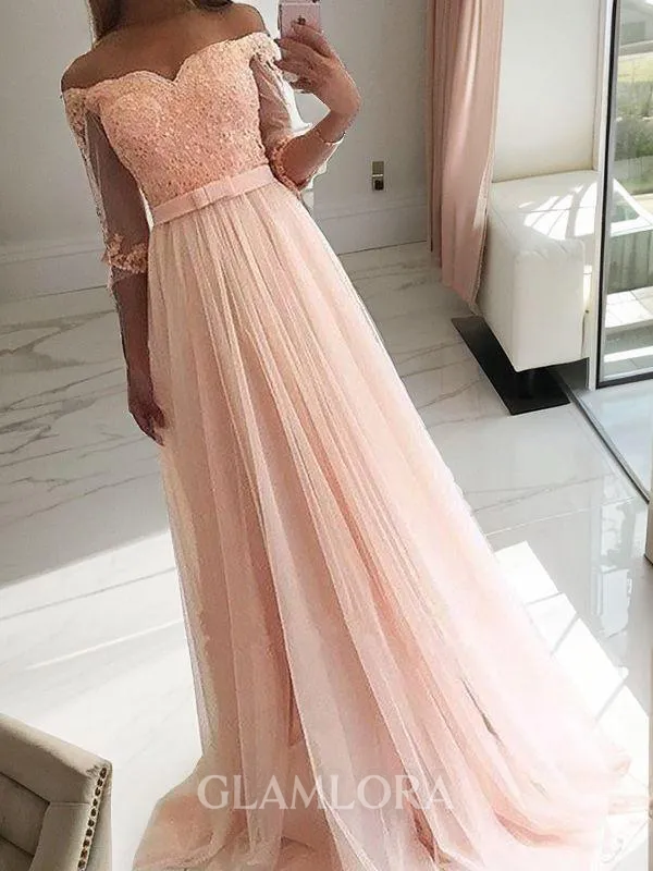 A-line Princess Off-the-Shoulder 3/4 Sleeves Sweep Train Tulle Balanced Prom Dress With Sash