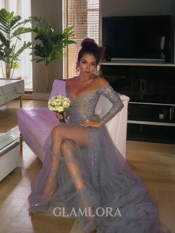 Refined A-line Princess Off-the-Shoulder Long Sleeves Sweep Train Tulle Prom Dress With Applique