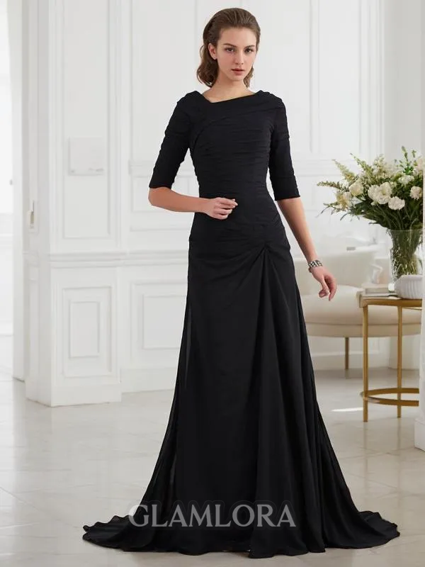 A-line Stunning Scoop 1/2 Sleeves Sweep Train Chiffon Prom Dress With Pleats