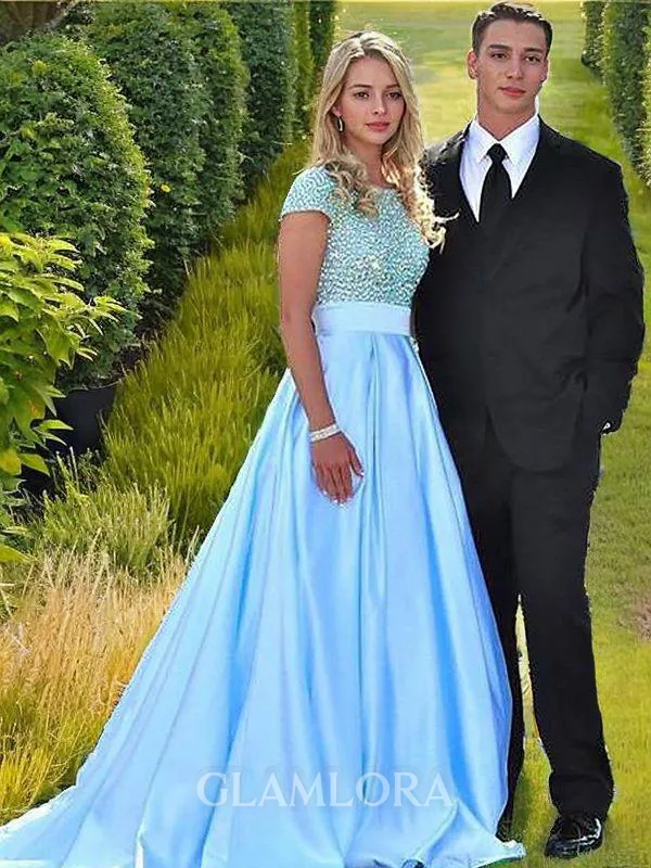 A-line Bateau Short Sleeves Sweep Train Dreamy Satin Prom Dress With Beading