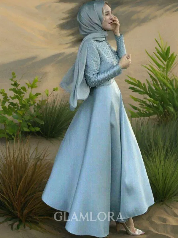 A-line Scoop Long Sleeves Ankle-Length Delicate Satin Prom Dress With Beading