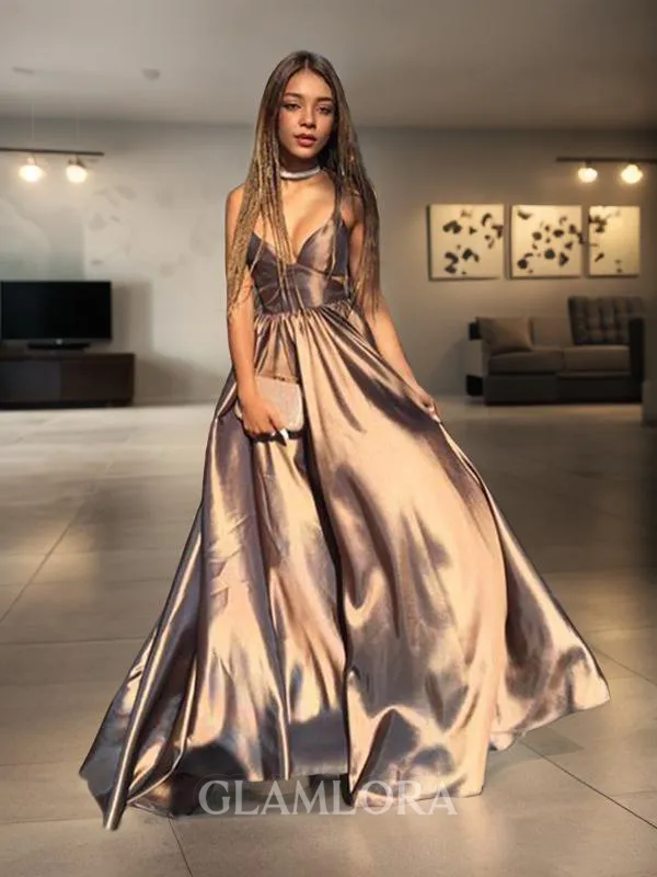 A-line V-Neck Sleeveless Floor-Length Silk like Satin Exquisite Prom Dress With Ruffles