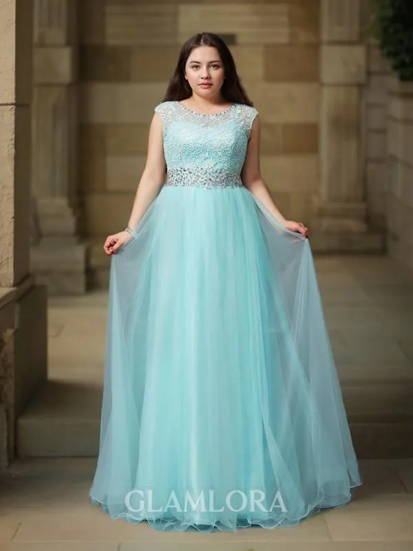 A-line Princess Timeless Scoop Sleeveless Floor-Length Tulle Prom Dress With Rhinestone