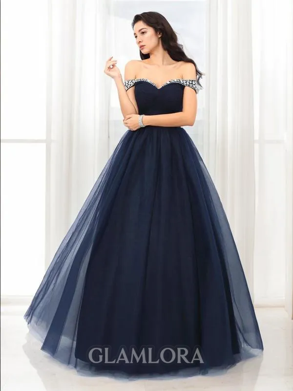 Ball-Gown Off-the-Shoulder Whimsical Sleeveless Floor-Length Tulle Prom Dress With Beading