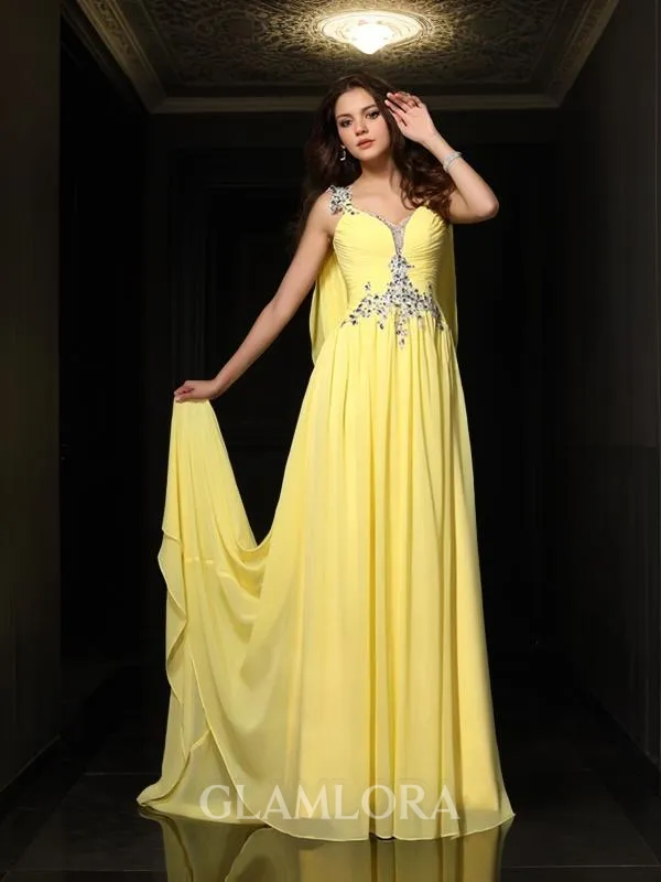 A-line Straps Sleeveless Modest Court Train Chiffon Prom Dress With Beading