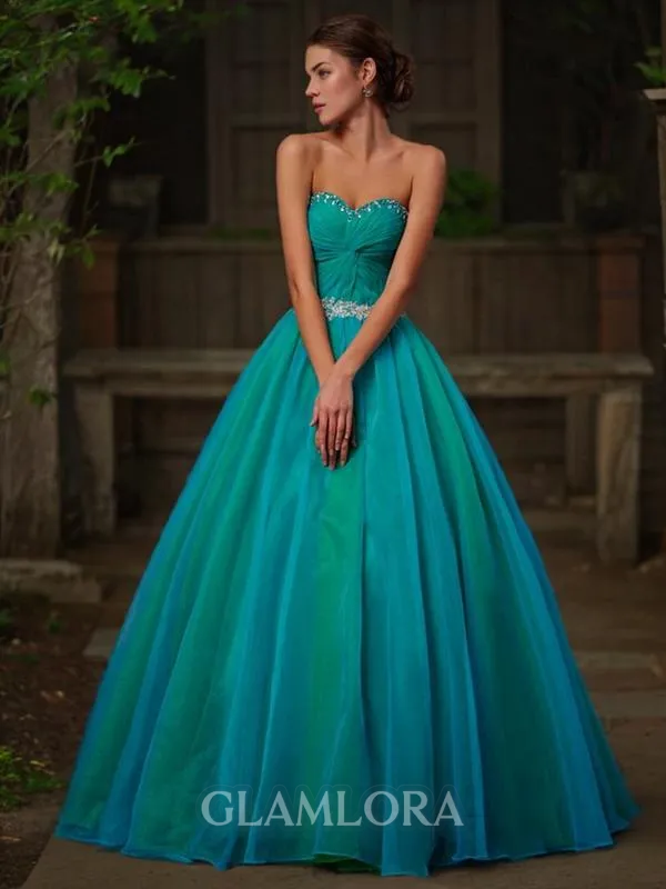 Ball-Gown Sweetheart Sleeveless Floor-Length Glamorous Organza Prom Dress With Beading