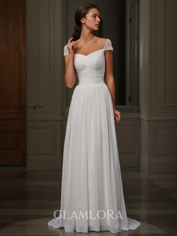 A-line Sweetheart Short Sleeves Sweep Train Chiffon Stylish Prom Dress With Beading