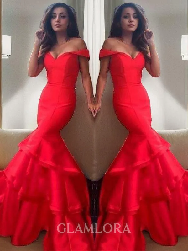 Trumpet/Mermaid Off-the-Shoulder Flattering Sleeveless Sweep Train Satin Prom Dress With Layers
