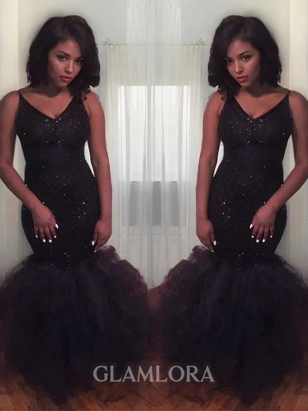 Trumpet/Mermaid V-Neck Sleeveless Floor-Length Alluring Tulle Prom Dress With Sequins