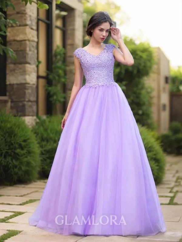 Ball-Gown V-Neck Short Sleeves Stunning Floor-Length Tulle Prom Dress With Applique