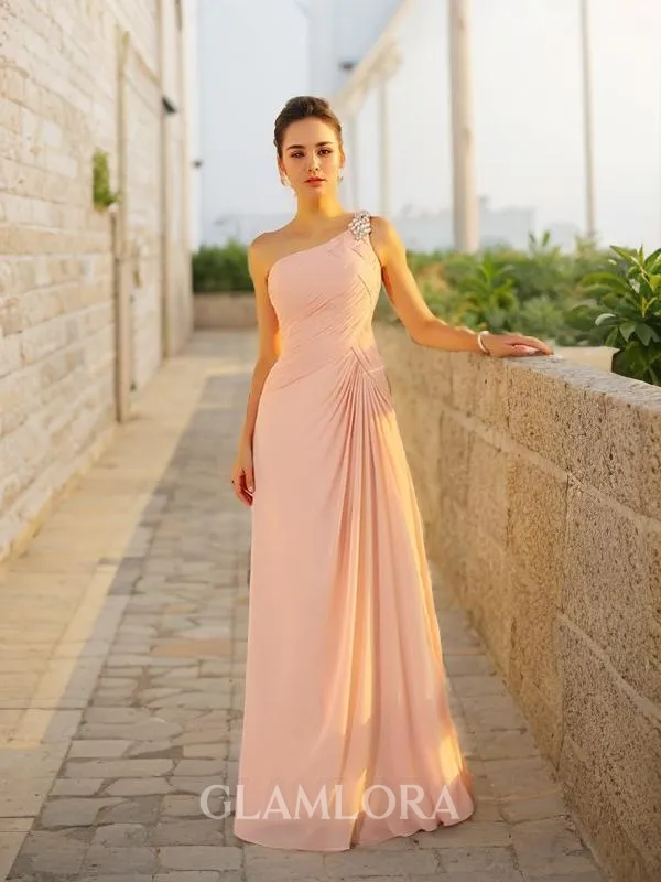 A-line Charming One-Shoulder Sleeveless Floor-Length Chiffon Prom Dress With Beading