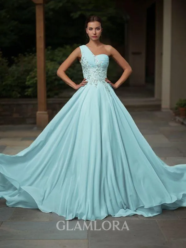 A-line One-Shoulder Sleeveless Sweep Train Open Back Chiffon Perfect Prom Dress With Ruffles