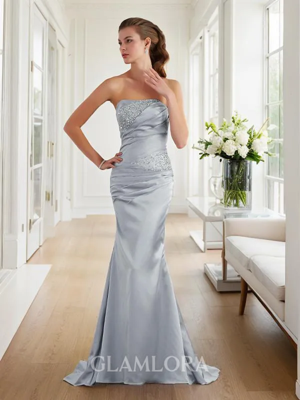 Glamorous Trumpet/Mermaid Strapless Sleeveless Sweep Train Silk like Satin Prom Dress With Beading