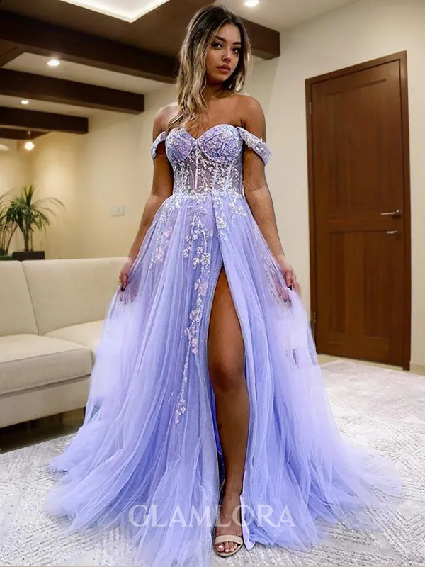 A-line Princess Off-the-Shoulder Sleeveless Sweep Train Tulle Trendy Corset Prom Dress With Slit