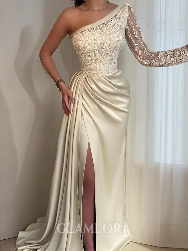 Sheath/Column Alluring One-Shoulder Long Sleeves Sweep Train Silk like Satin Prom Dress With Slit