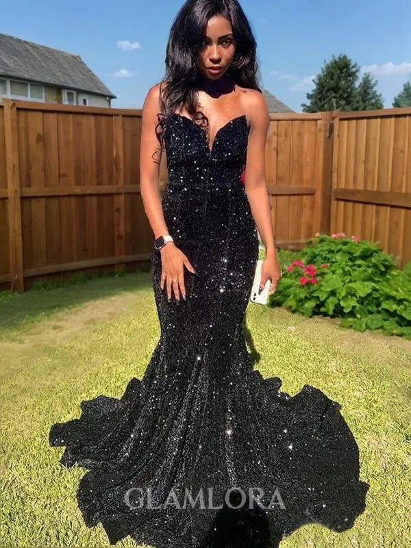 Trumpet/Mermaid Sweetheart Sleeveless Dazzling Sweep Train Velvet Sequins Prom Dress