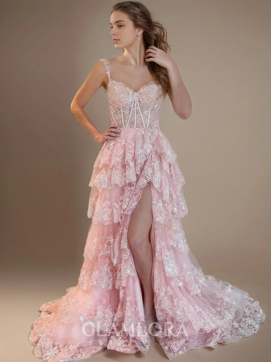 A-line Princess Straps Sleeveless Court Train Glam Tulle Corset Prom Dress With Slit