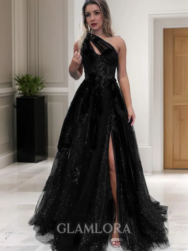 A-line Princess One-Shoulder Sleeveless Sweep Train Tulle Unique Prom Dress With Slit