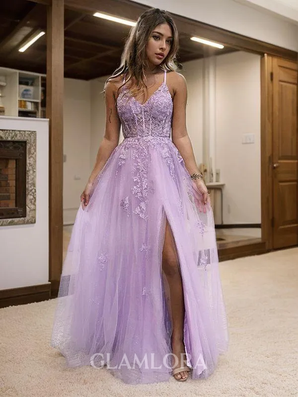 A-line Princess V-Neck Sleeveless Floor-Length Tulle Pretty Corset Prom Dress With Slit