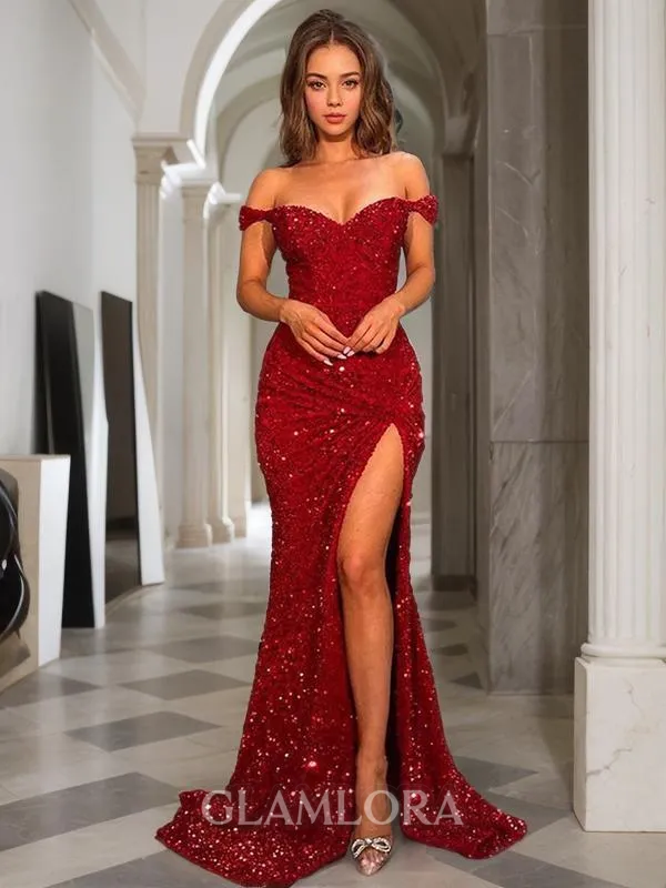 Sheath/Column Glistening Off-the-Shoulder Short Sleeves Sweep Train Velvet Sequins Prom Dress