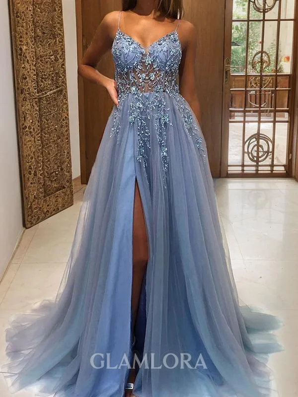 A-line Princess V-Neck Charming Sleeveless Sweep Train Tulle Corset Prom Dress With Slit