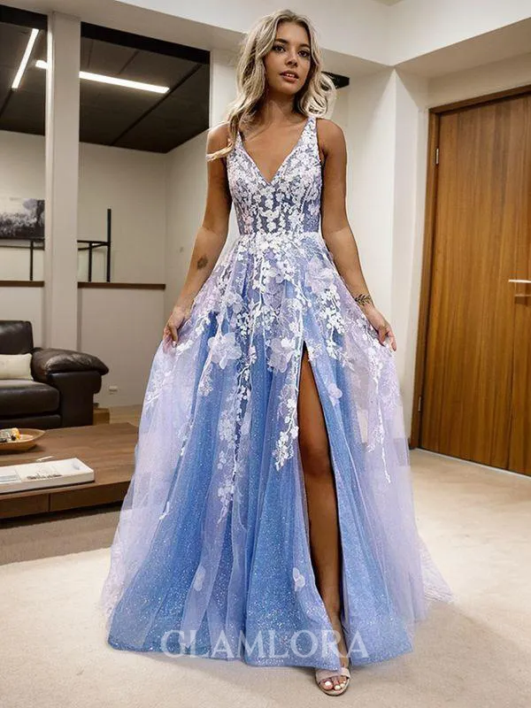 A-line Princess V-Neck Sleeveless Sweep Train Exquisite Tulle Prom Dress With Slit