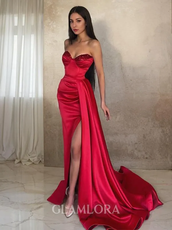 Sheath/Column Sweetheart Teasing Sleeveless Sweep Train Silk like Satin Prom Dress With Slit