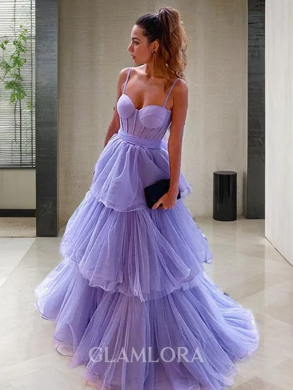A-line Princess Spaghetti Straps Sleeveless Sweep Train Tulle Dazzling Corset Prom Dress
