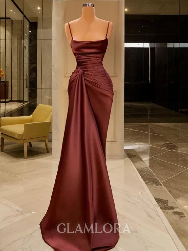 Sheath/Column Spaghetti Straps Sleeveless Sleek Sweep Train Silk like Satin Prom Dress