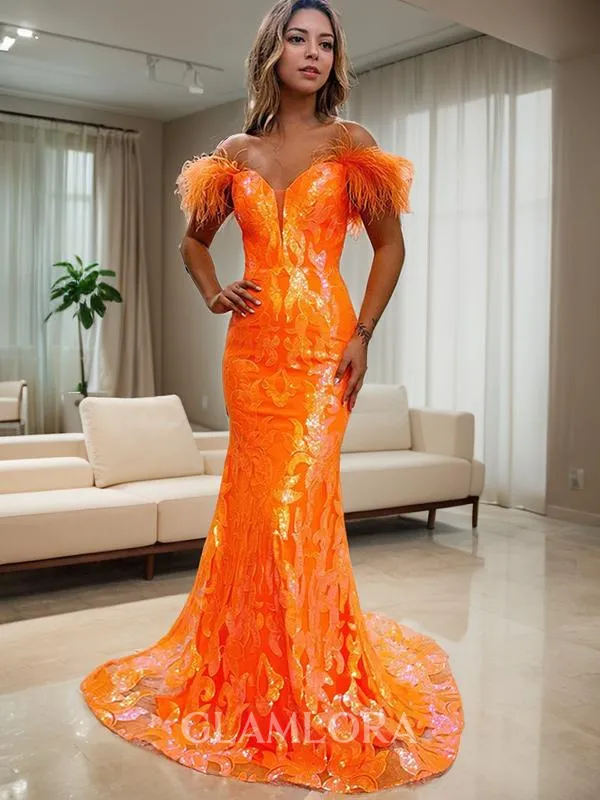 Trumpet/Mermaid Off-the-Shoulder Sleeveless Sweep Train Shiny Sequins Corset Prom Dress