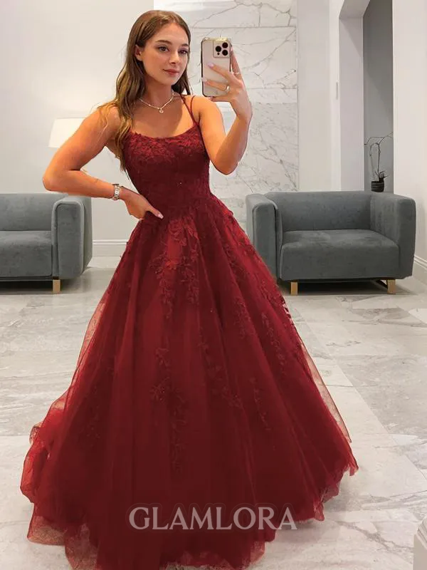 Ball-Gown Princess Spaghetti Straps Sleeveless Sweep Train Tulle Resplendent Corset Prom Dress