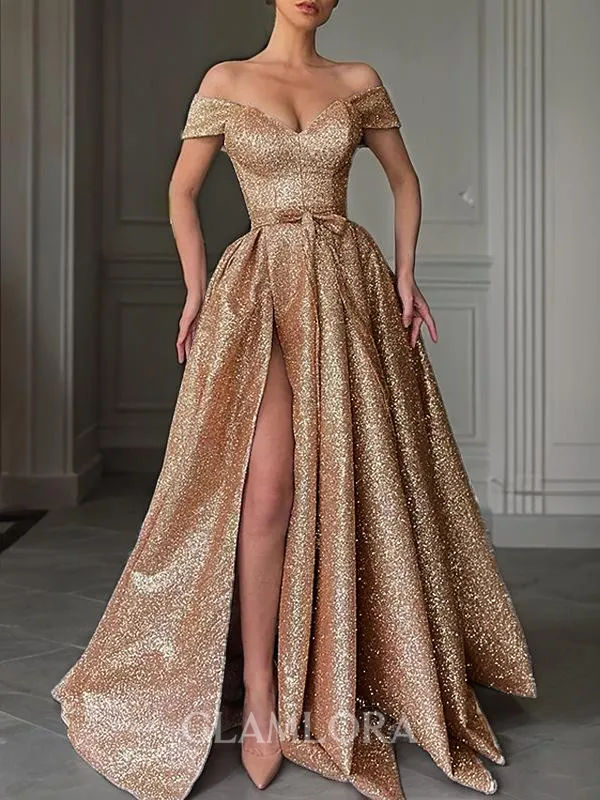 Shimmery A-line Off-the-Shoulder Sleeveless Sweep Train Sequins Prom Dress With Slit