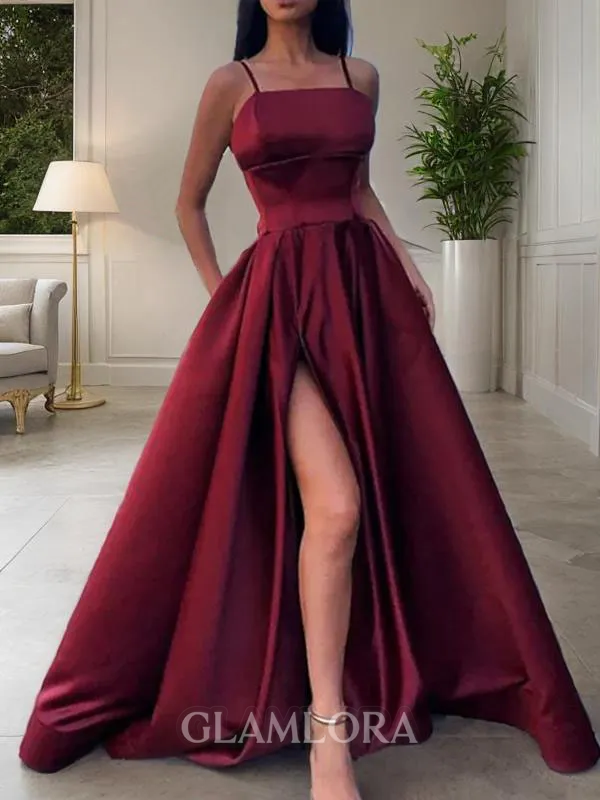 A-line Spaghetti Straps Sleeveless Flattering Floor-Length Satin Prom Dress With Pockets Slit