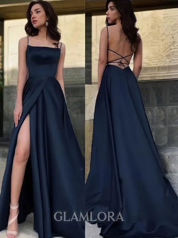 A-line Spaghetti Straps Sleeveless Sweep Train Graceful Satin Prom Dress With Slit