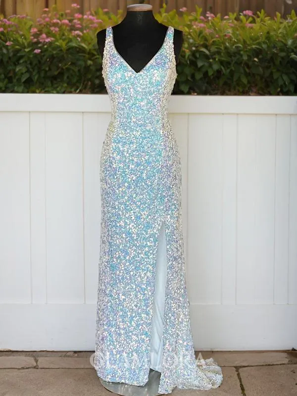Sheath/Column V-Neck Sleeveless Sweep Train sparking Velvet Sequins Prom Dress