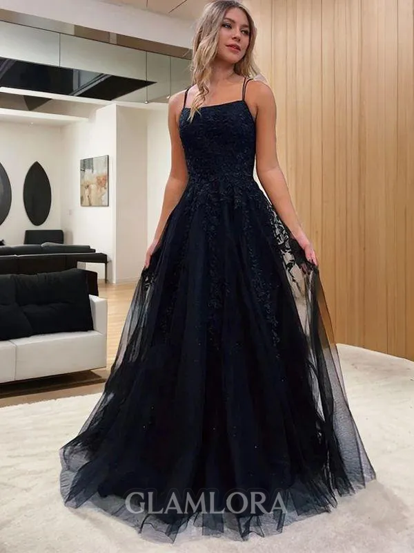 A-line Princess Spaghetti Straps Sleeveless Sweep Train Tulle Elegant Corset Prom Dress