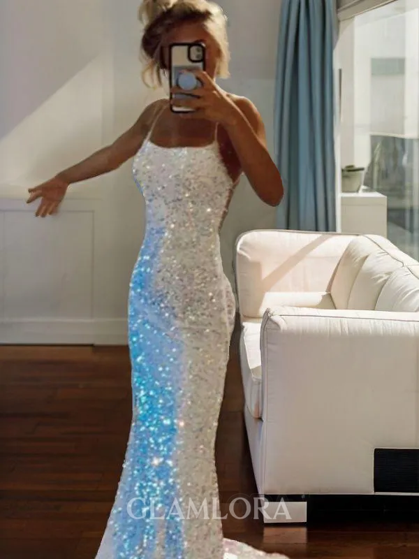 Dazzling Sheath/Column Spaghetti Straps Sleeveless Sweep Train Velvet Sequins Prom Dress