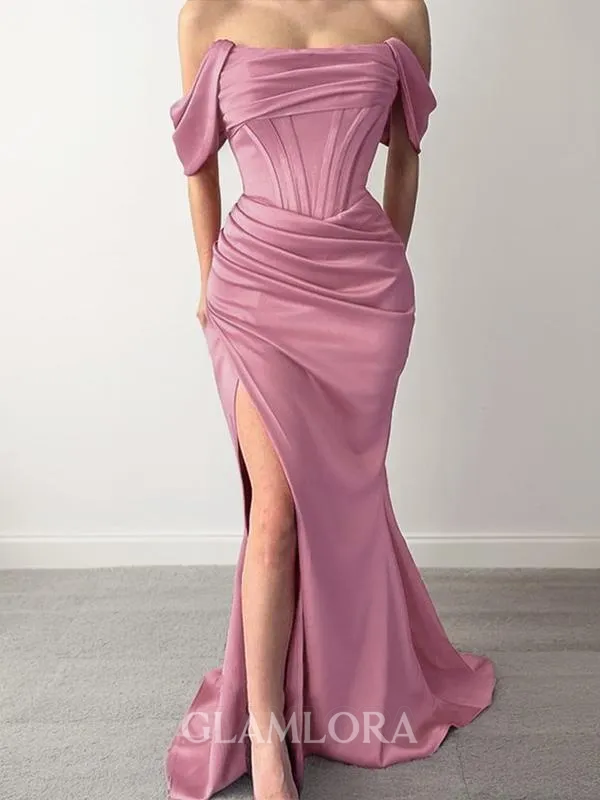 Sheath/Column Off-the-Shoulder Sleeveless Fitted Sweep Train Silk like Satin Corset Prom Dress With Slit