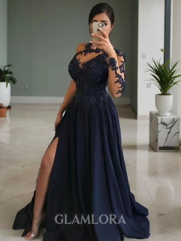 A-line Chic Scoop Long Sleeves Sweep Train Stretch Crepe Prom Dress With Slit