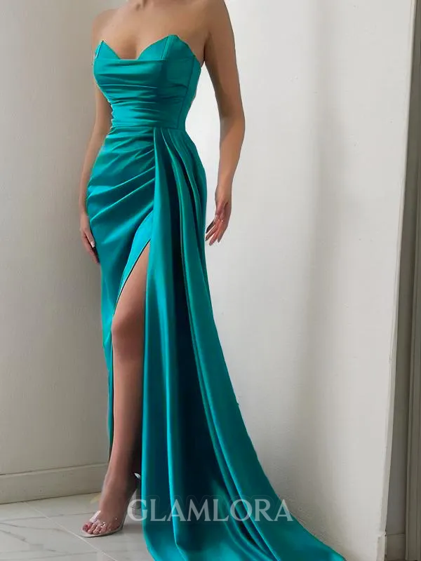 Sheath/Column Sophisticated Sweetheart Sleeveless Sweep Train Silk like Satin Prom Dress With Slit