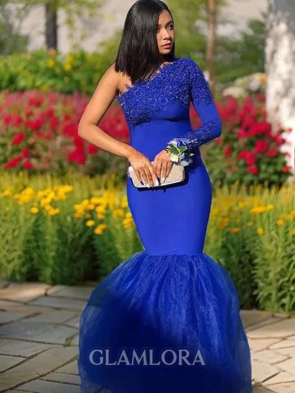 Trumpet/Mermaid One-Shoulder Long Sleeves Floor-Length Stretch Crepe Figure-hugging Prom Dress