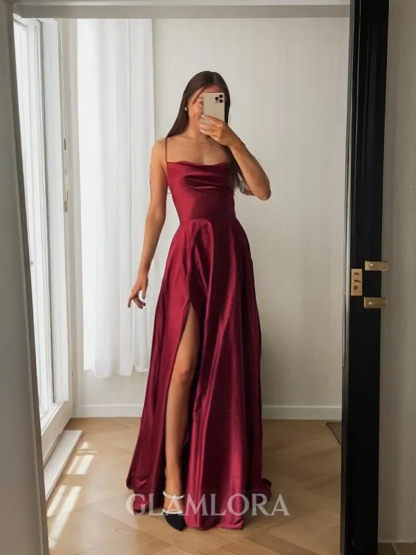 A-line Spaghetti Straps Flowing Sleeveless Floor-Length Silk like Satin Prom Dress With Slit