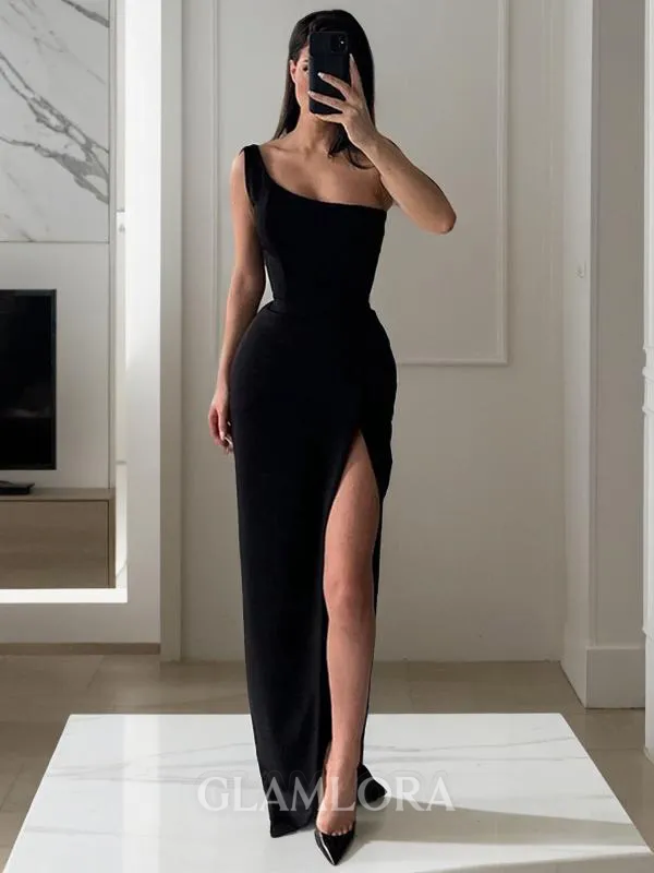 Sheath/Column One-Shoulder Sleeveless Floor-Length Contemporary Stretch Crepe Prom Dress With Slit