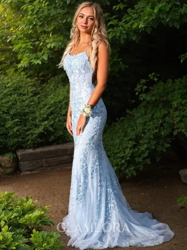 Trumpet/Mermaid Spaghetti Straps Sleeveless Enchanting Sweep Train Tulle Prom Dress