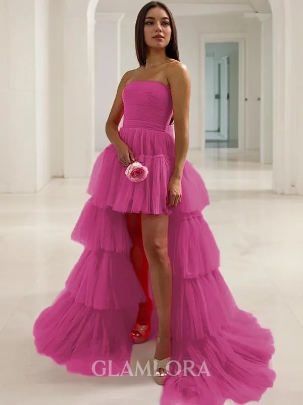 Ball-Gown Princess Strapless Sleeveless Asymmetrical Tulle Cute Prom Dress
